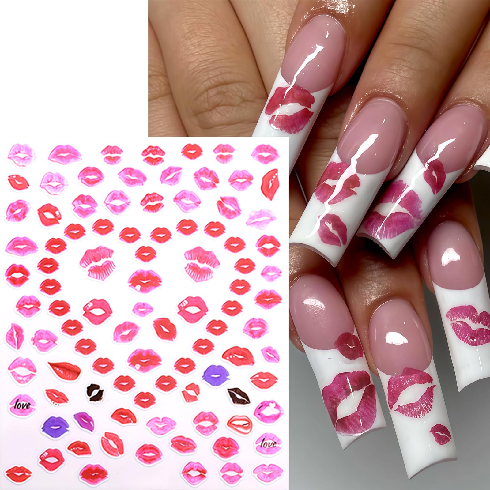 Romantic heart and lip nail design stickers on sheet