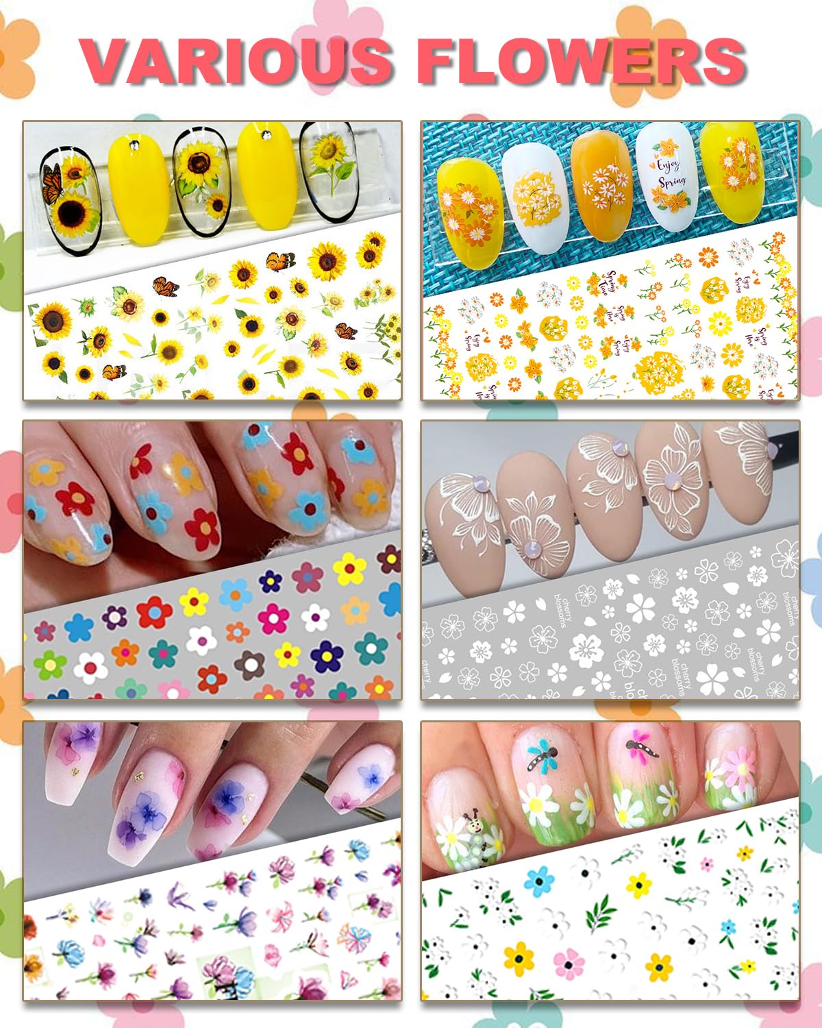 Close up of seasonal flower and butterfly nail decals