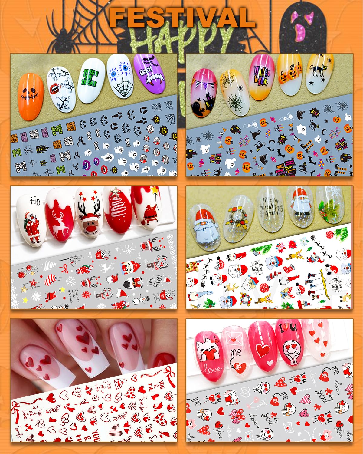 Detailed view of Halloween and Christmas nail sticker designs