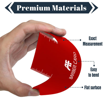 Hairline guiding card template with measurement indicators used for symmetric beard shaping.