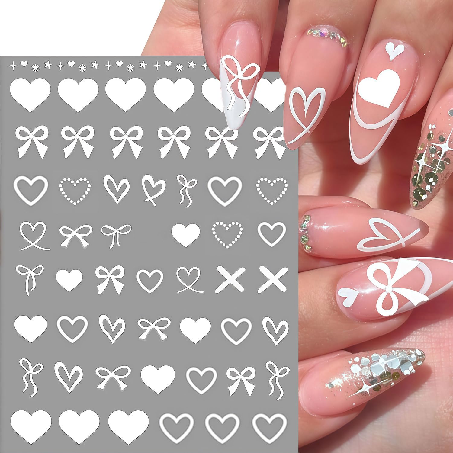 3D self-adhesive bow and heart nail decals on display