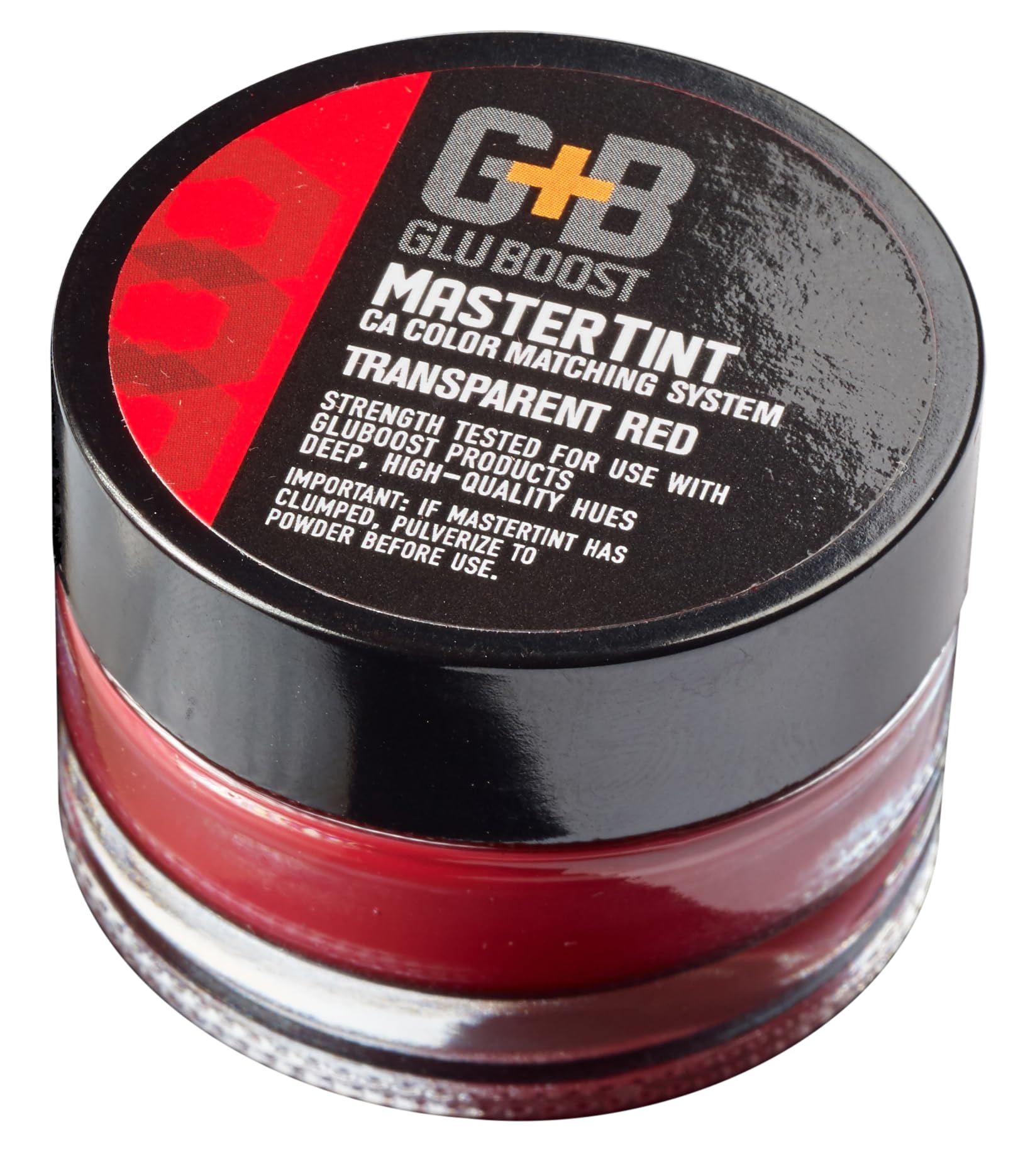 Ultra concentrated red powder tint jar with secure lid open for wood repair applications.
