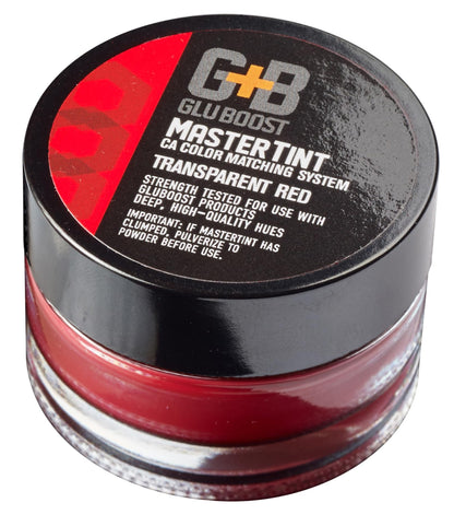 Ultra concentrated red powder tint jar with secure lid open for wood repair applications.