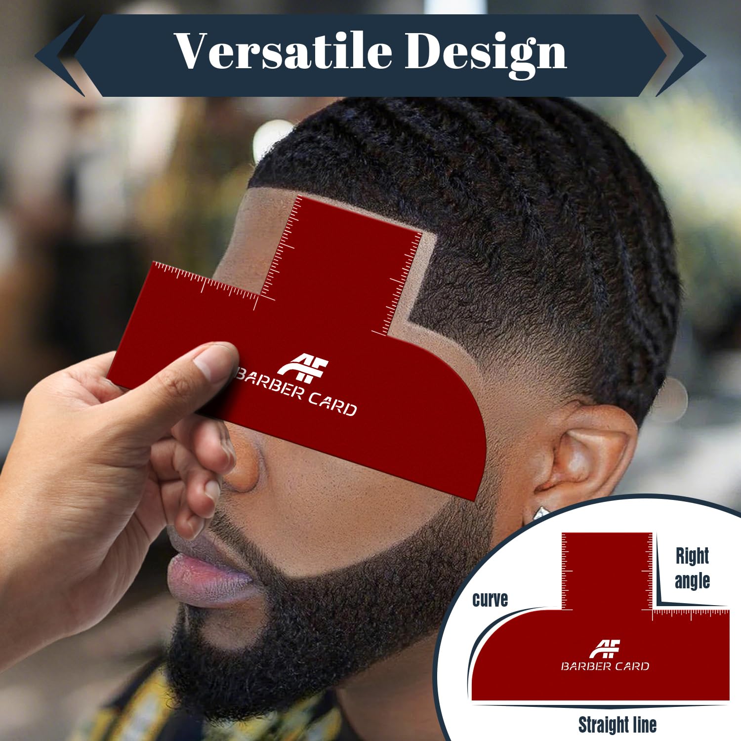 Washable red grooming enhancement card for barbers highlighting one size fit dimensions.
