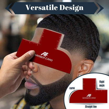 Washable red grooming enhancement card for barbers highlighting one size fit dimensions.