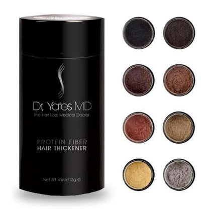 Dr. Yates MD Keratin Fiber Hair Enhancer Dark Blonde showing the shaker top opening for application.