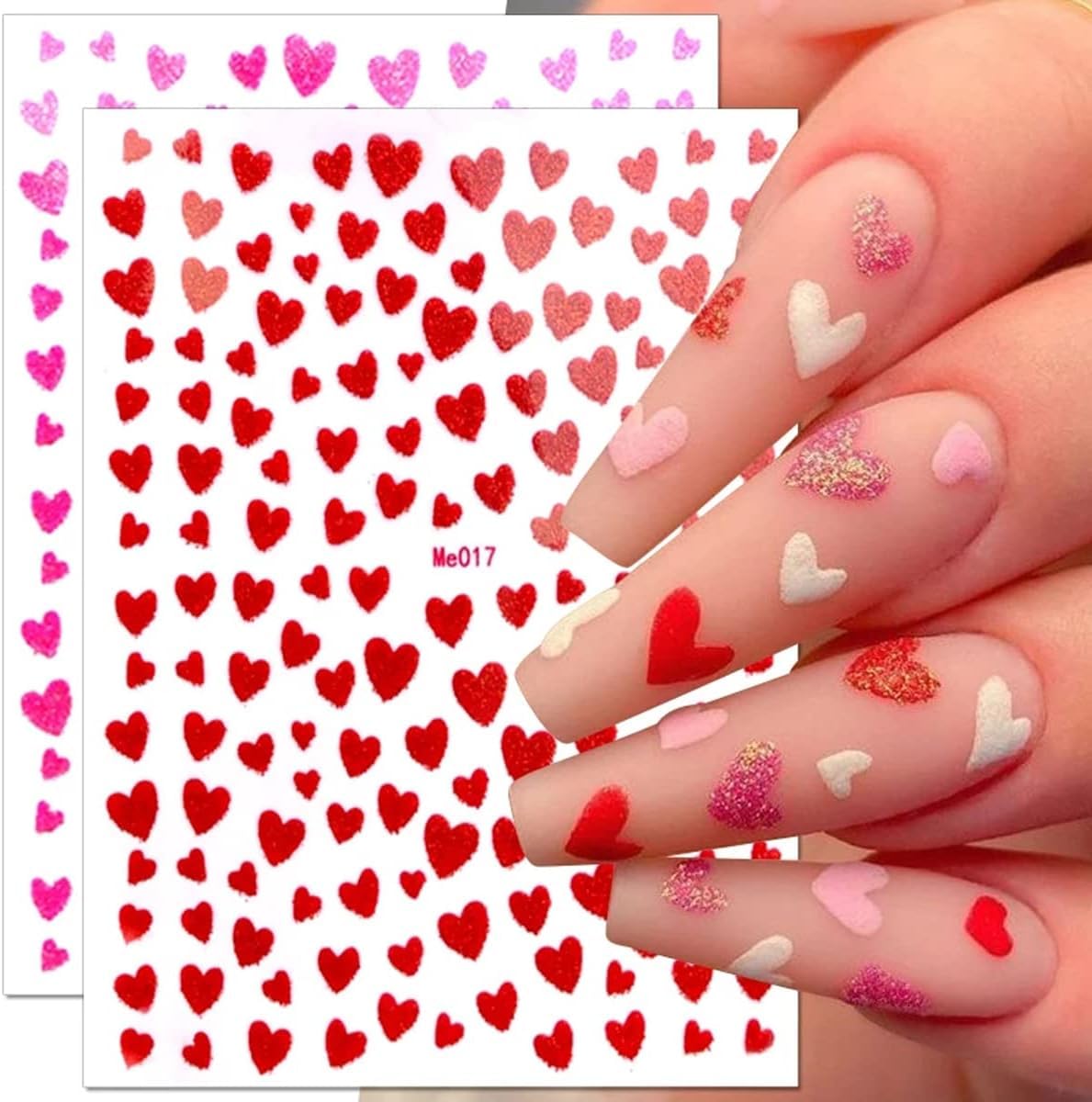 Close up of shiny glitter heart nail decals for manicure