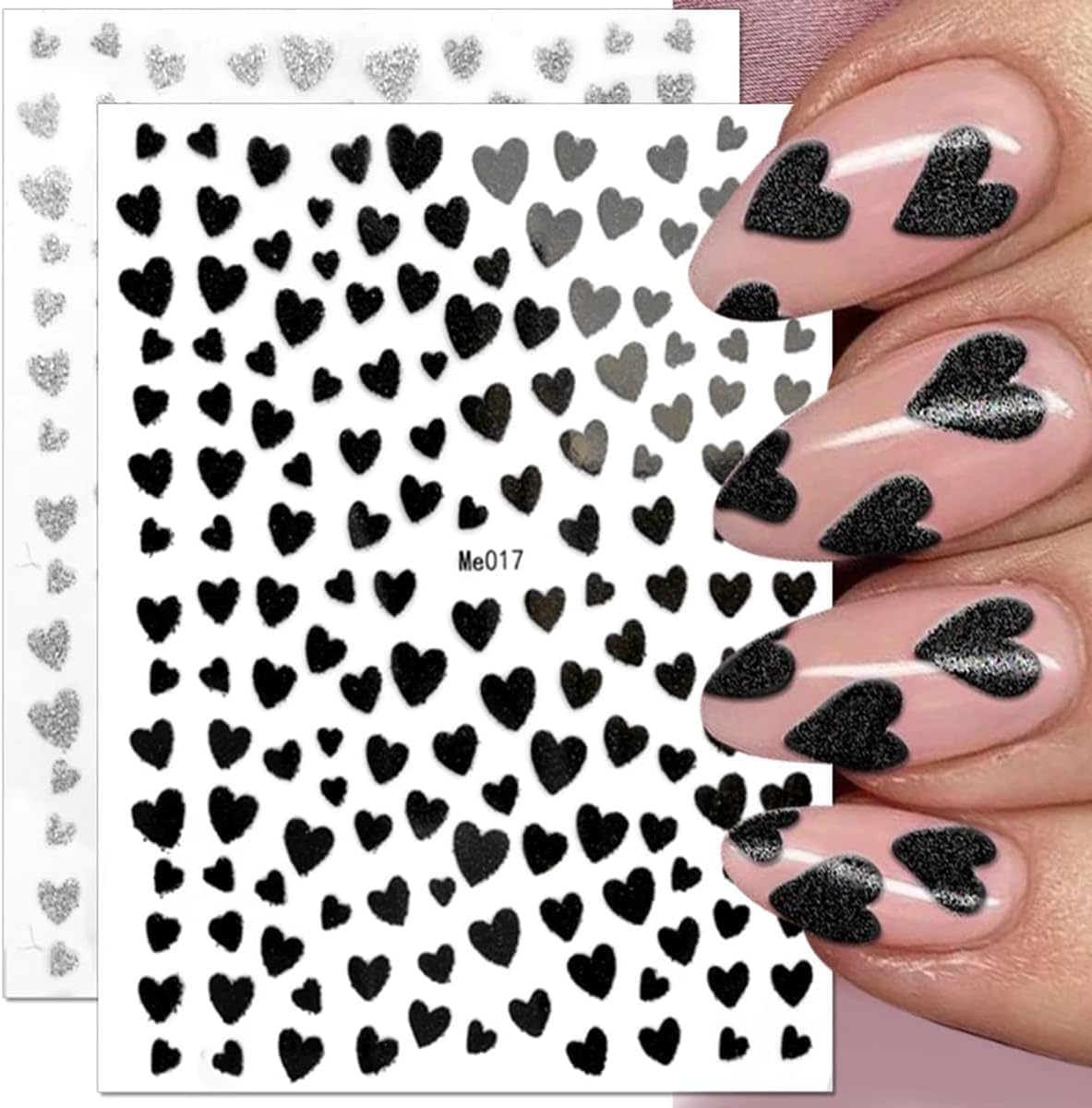 Model showing 3D romantic heart nail design with glitter