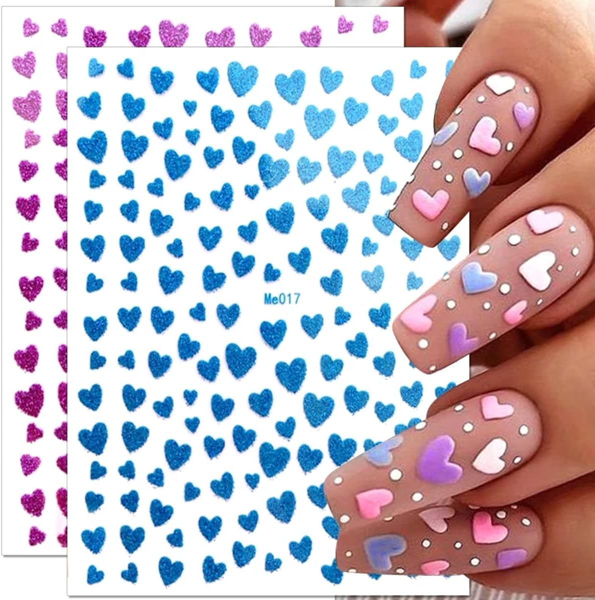 Self-adhesive heart nail stickers on a white background