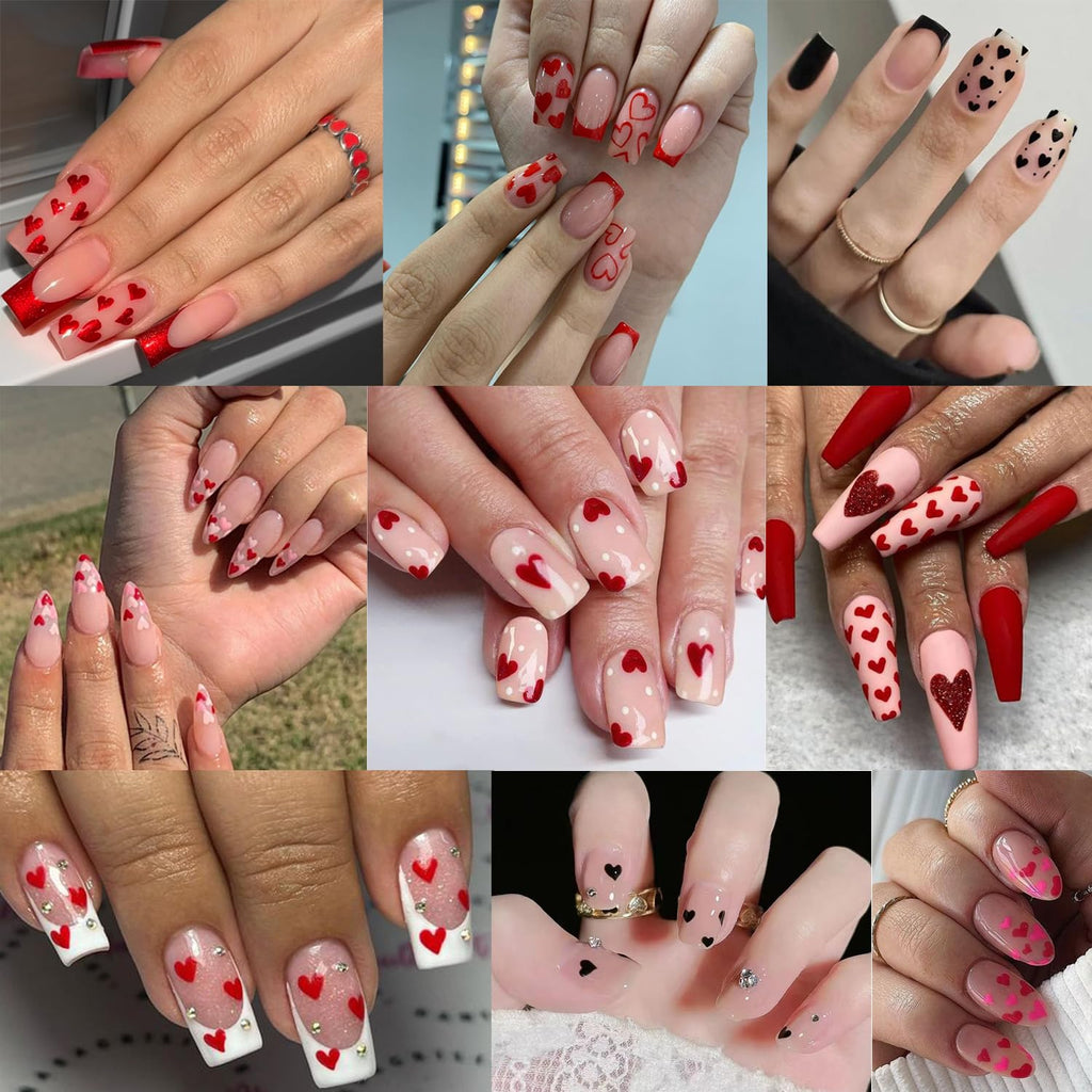 Assorted vibrant color variations of heart shaped nail stickers