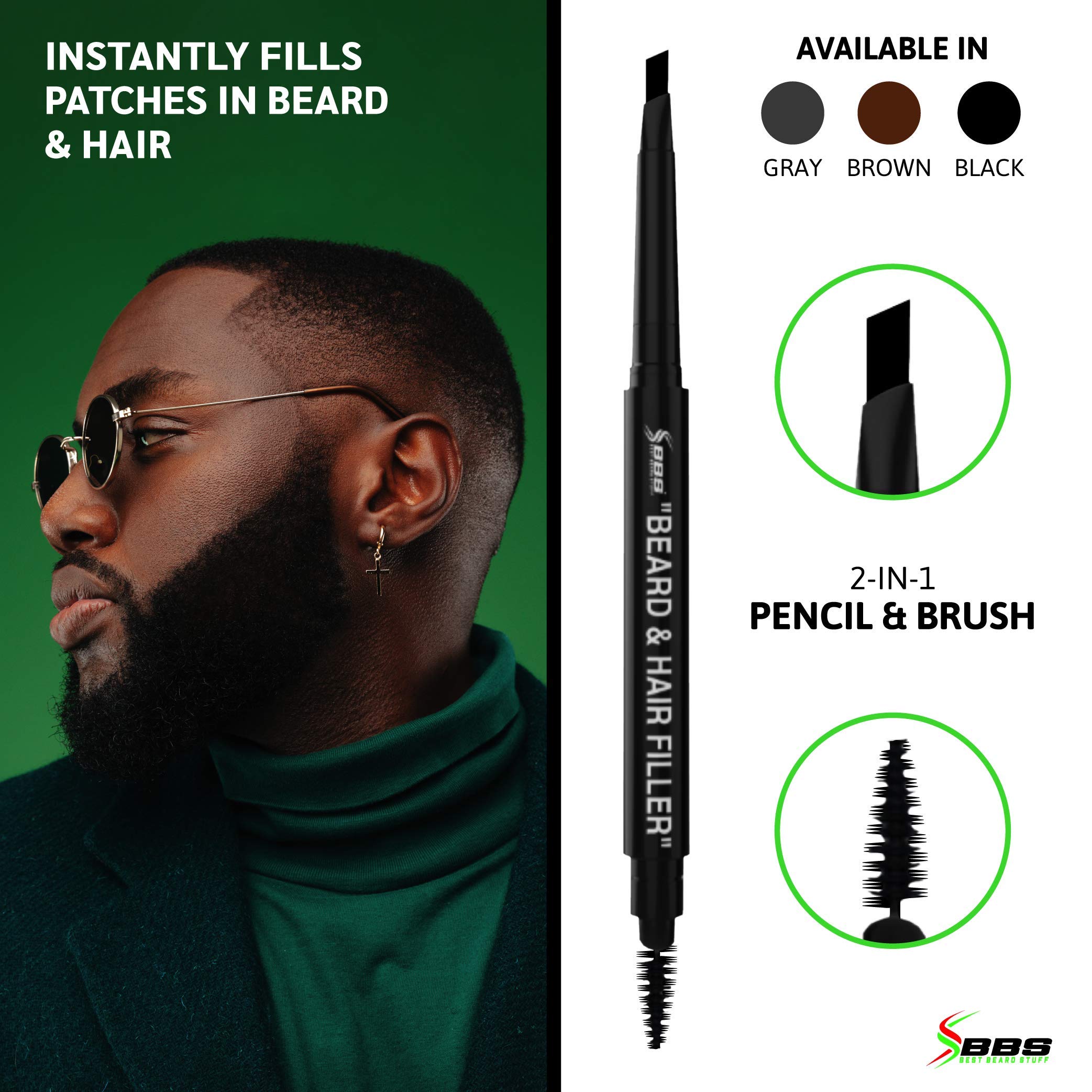 BBS Best Beard Stuff filler pencil showing dual ends with blending brush