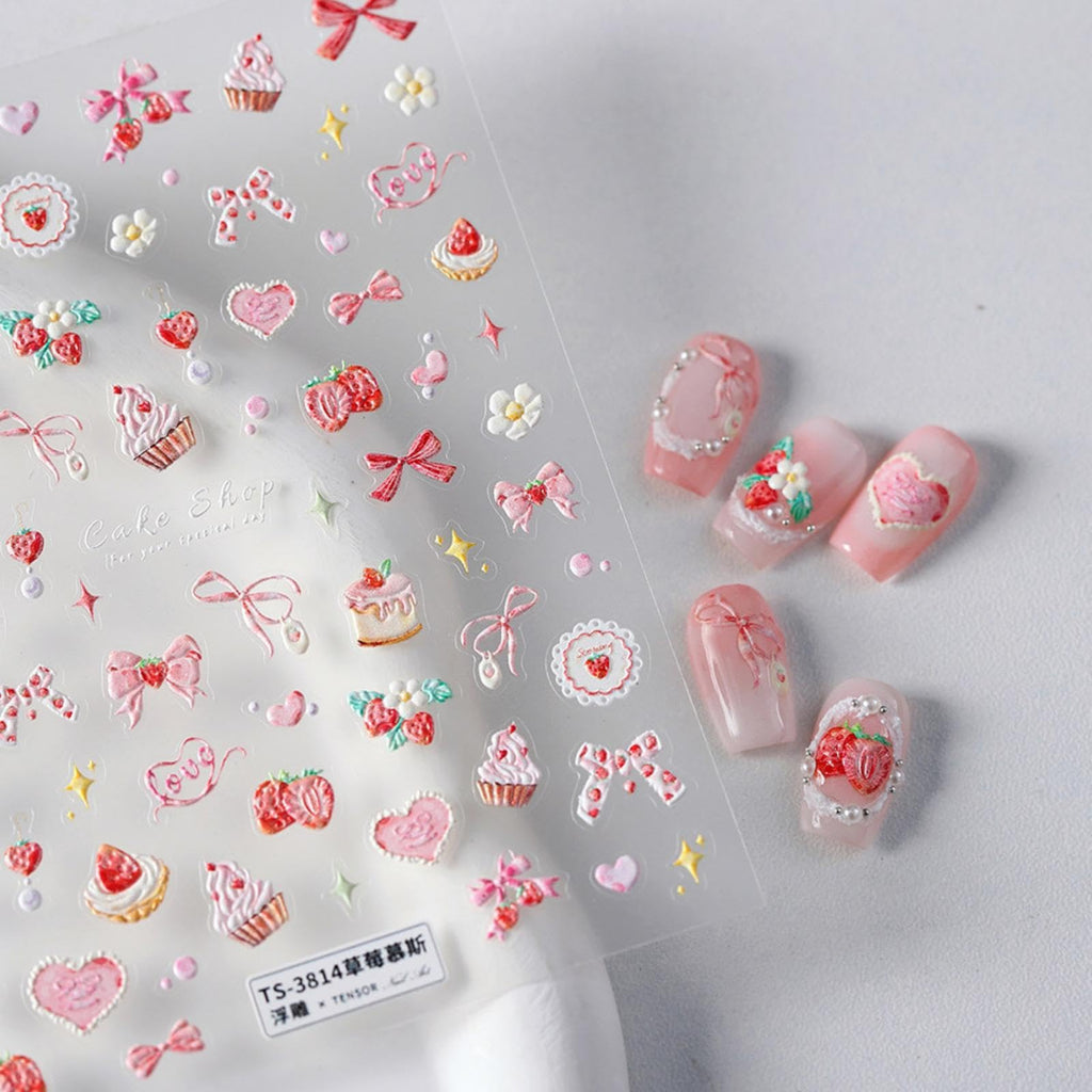 Self adhesive pink ribbon and dessert nail sticker sheet