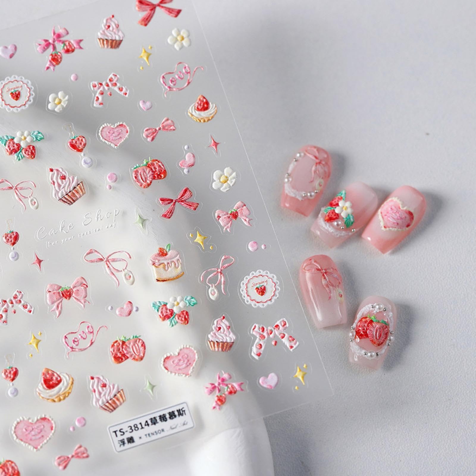5d textured nail decorations with strawberry mousse design