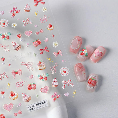 5d textured nail decorations with strawberry mousse design