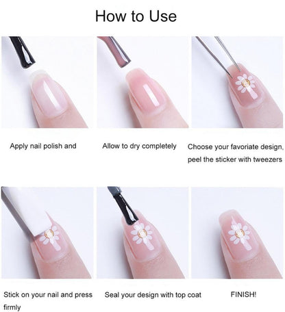 Application demonstration of 5d embossed nail stickers on natural nails