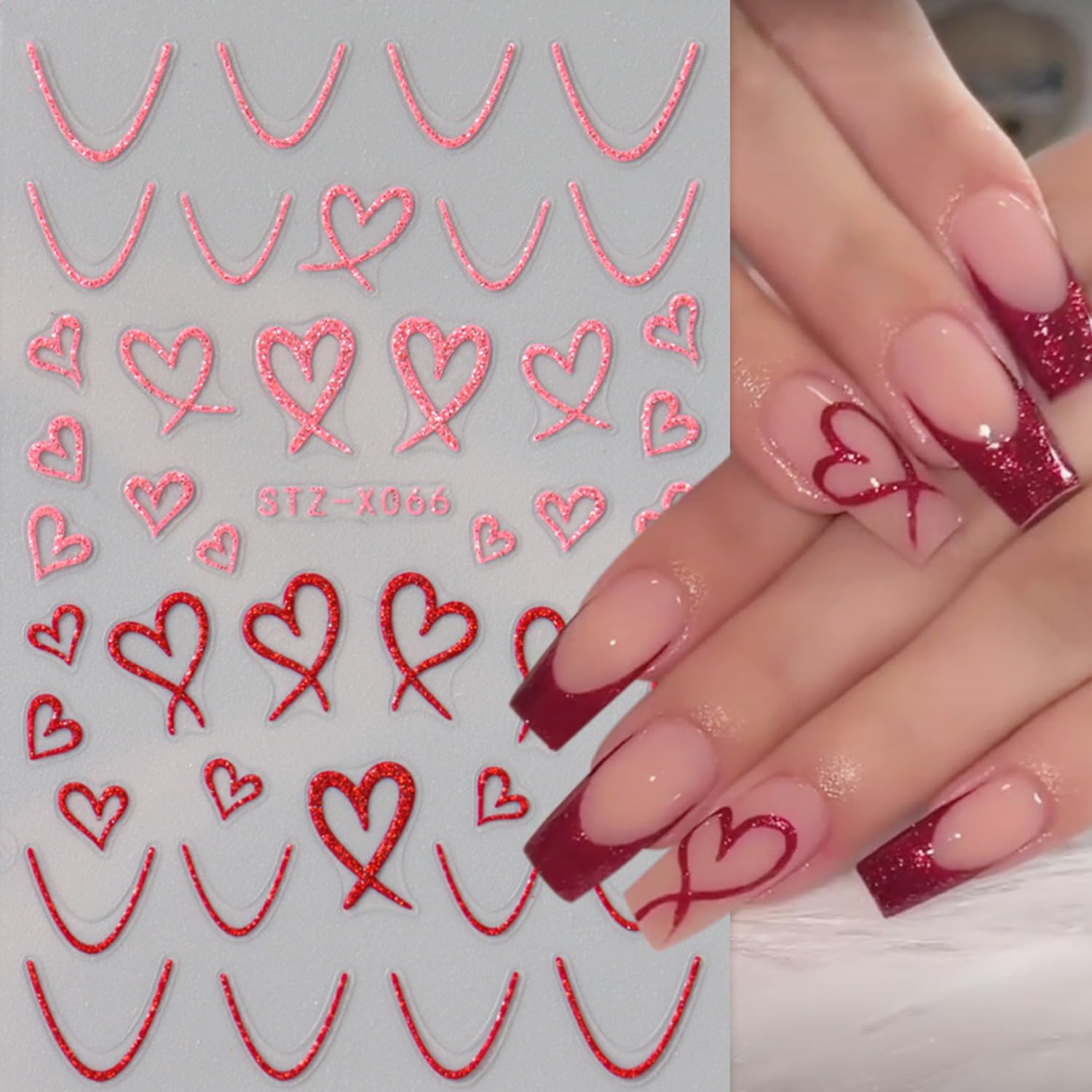 Close up of heart and wavy line nail art decals