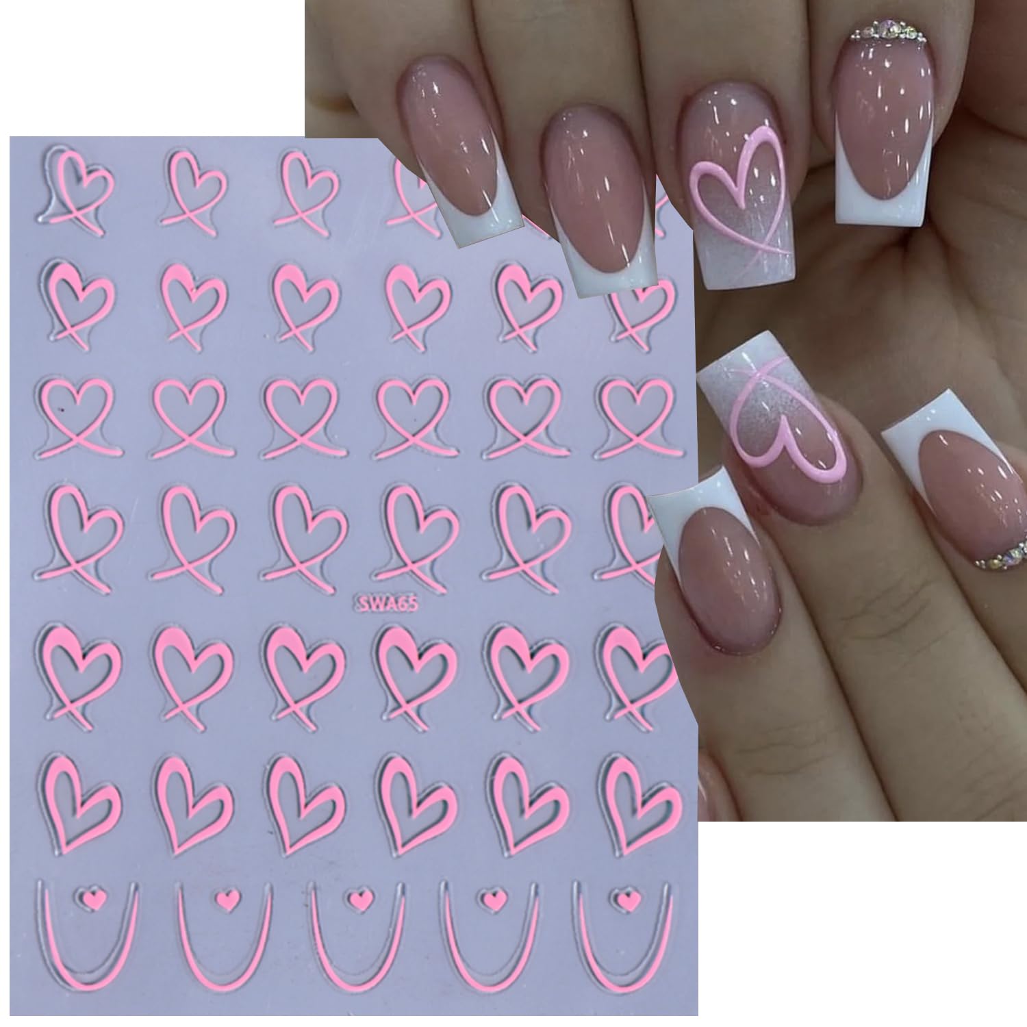 Application of self-adhesive heart stickers on manicure