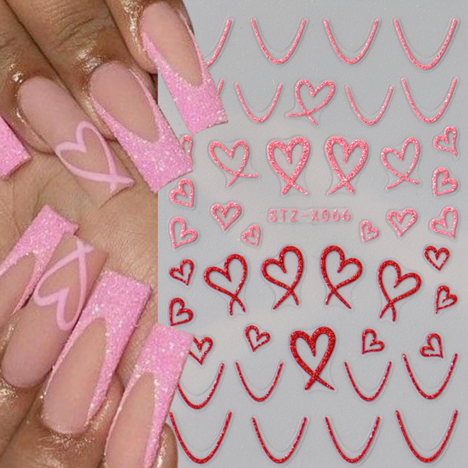 Sheet of assorted 3D heart French nail art stickers
