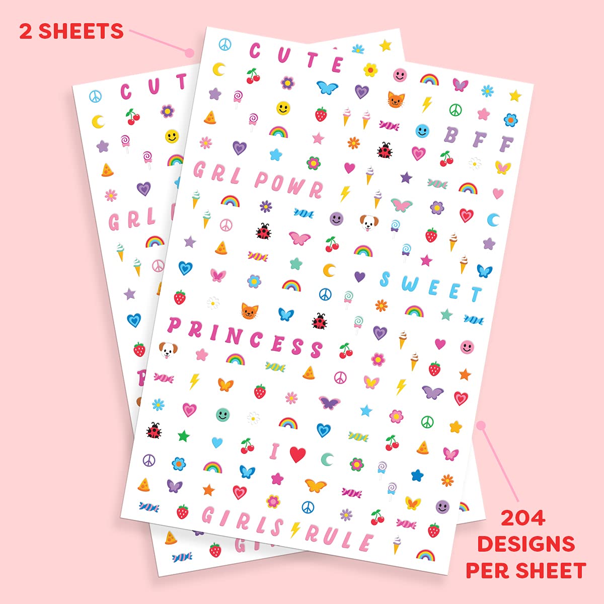Close up of Xo, Fetti colorful heart and smiley face nail stickers