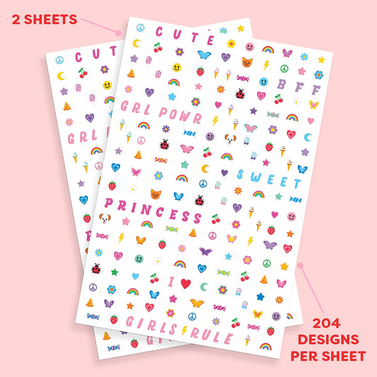 Close up of Xo, Fetti colorful heart and smiley face nail stickers