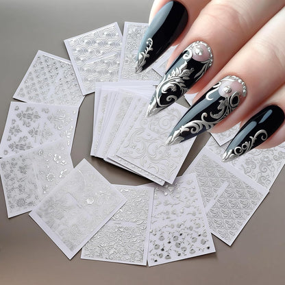Close up of silver floral vine nail decals