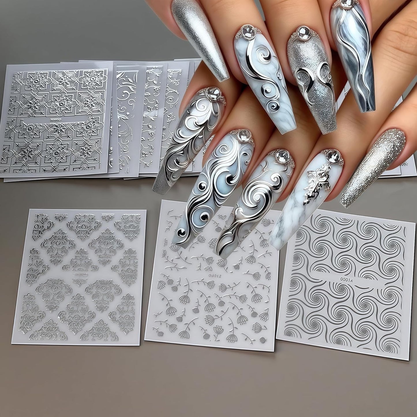 3D self-adhesive lace nail art stickers on display