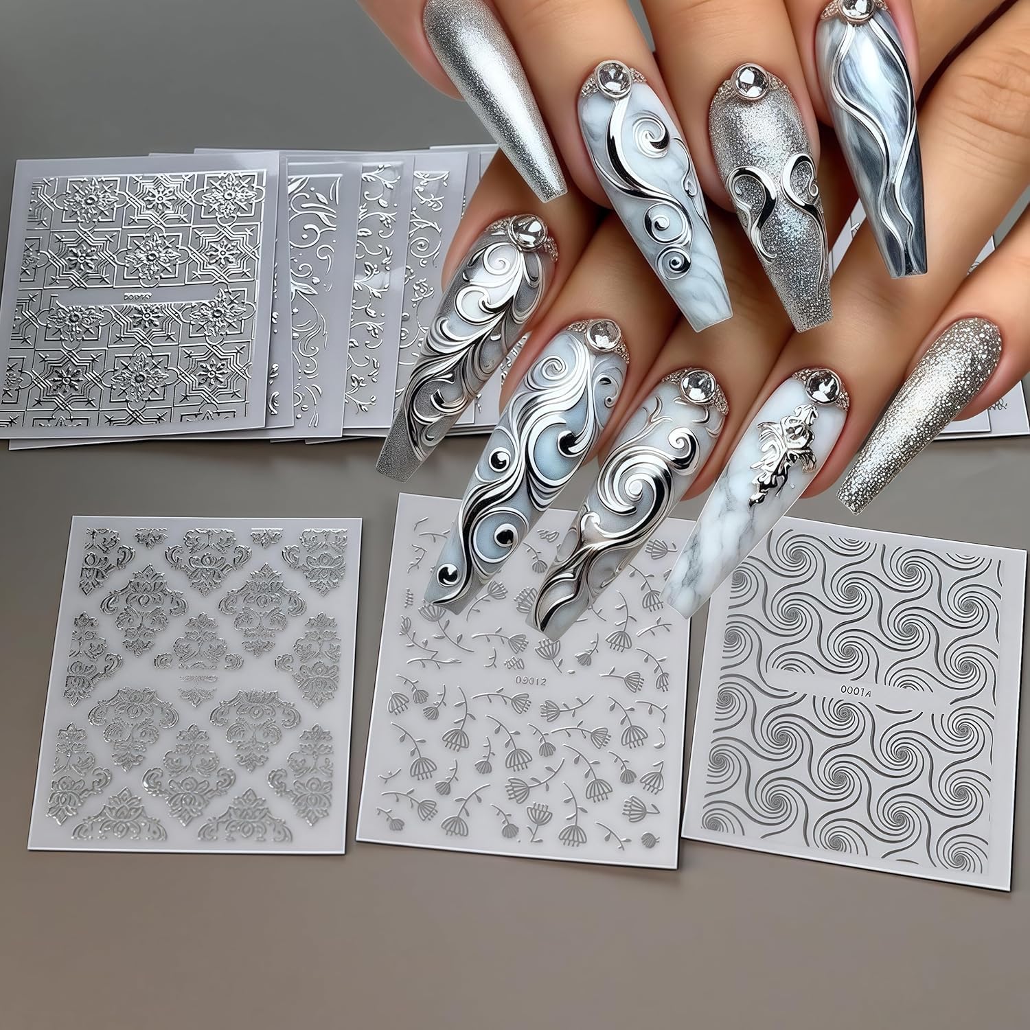 3D self-adhesive lace nail art stickers on display