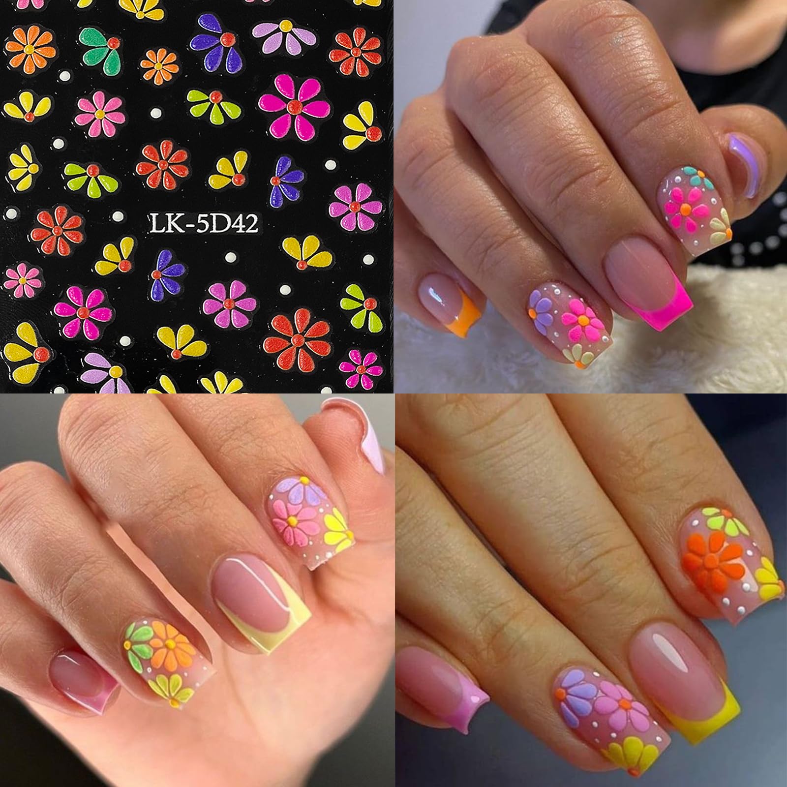 Close up of 5D daisy and heart nail decals