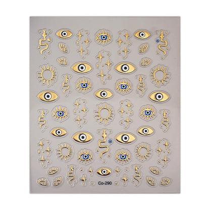 Professional nail art design using gold evil eye decals