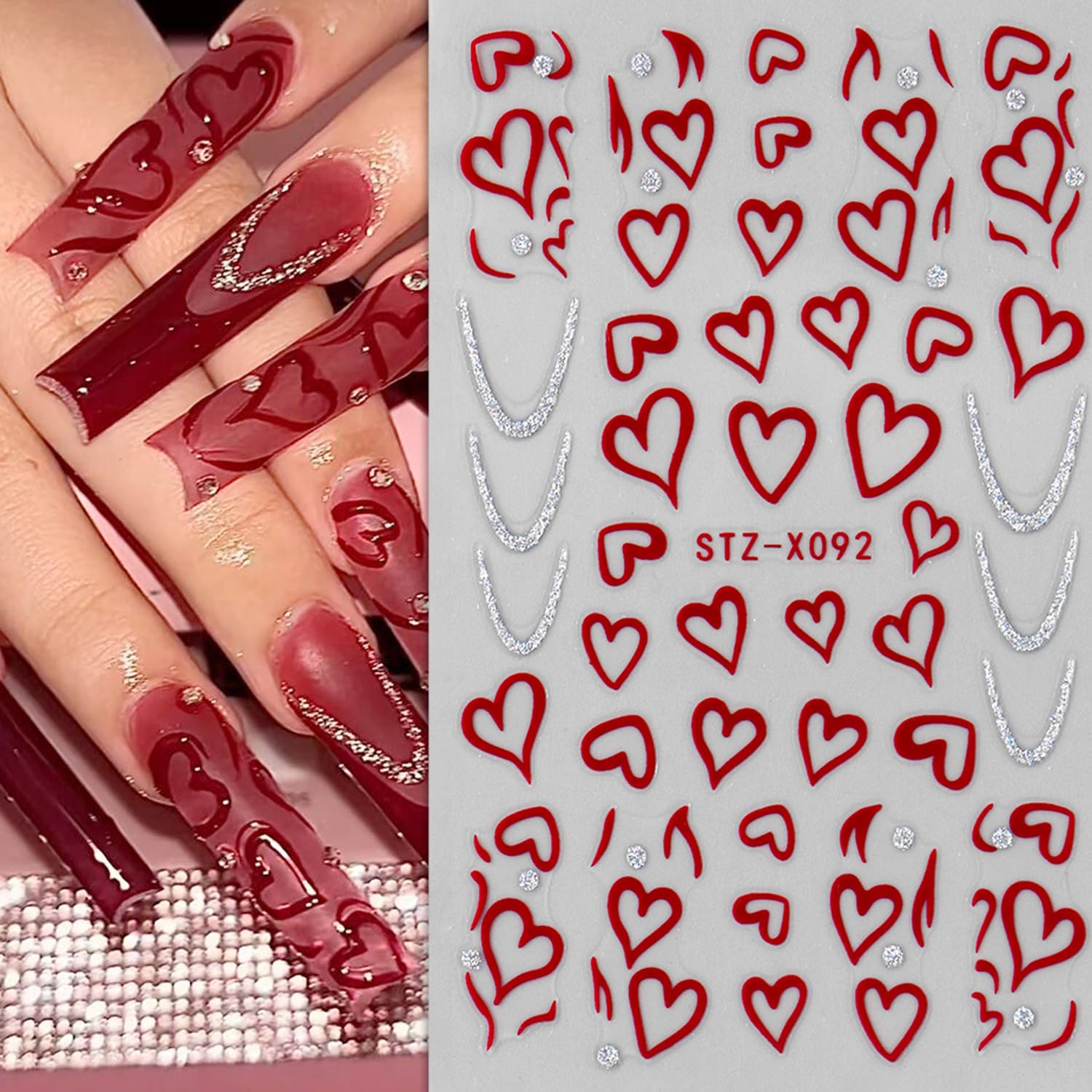 Close up of red heart and love stripe nail decal designs