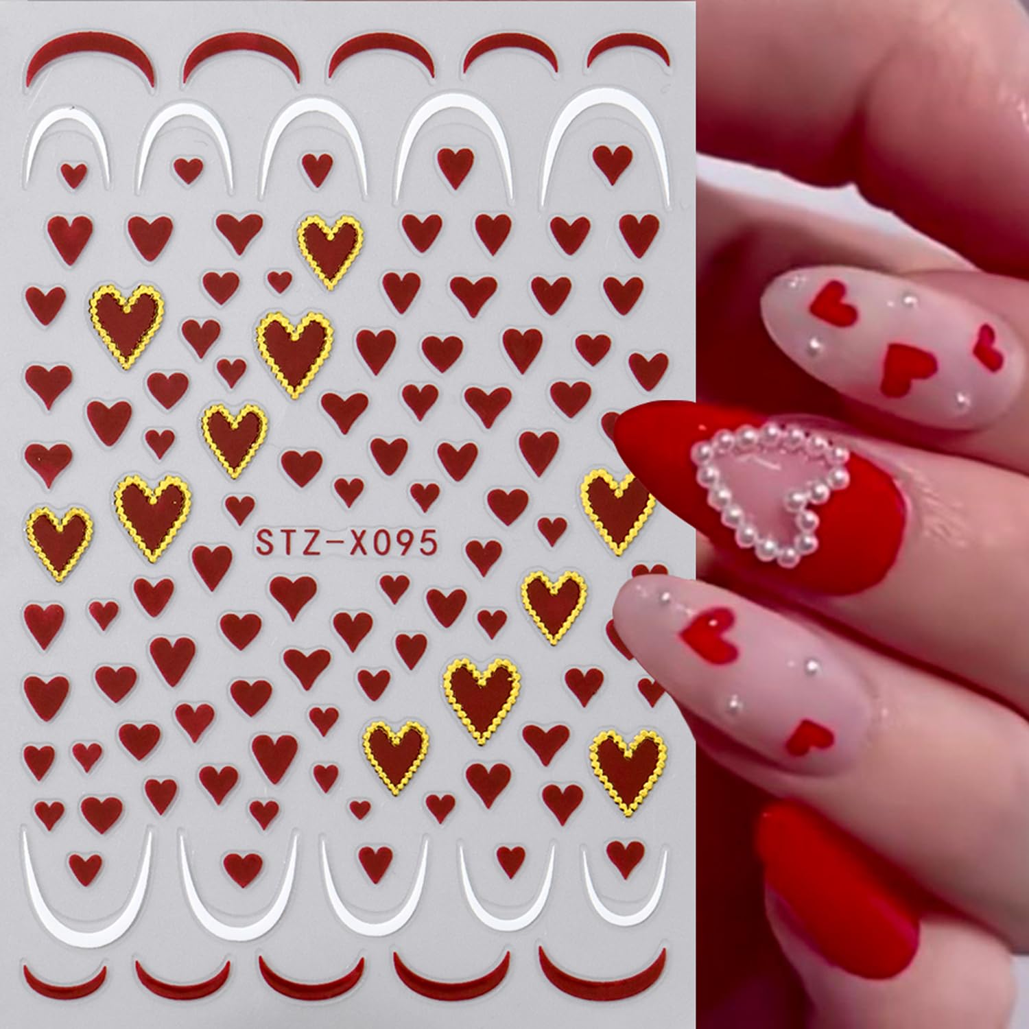 Example of French line and heart nail stickers on fingertips