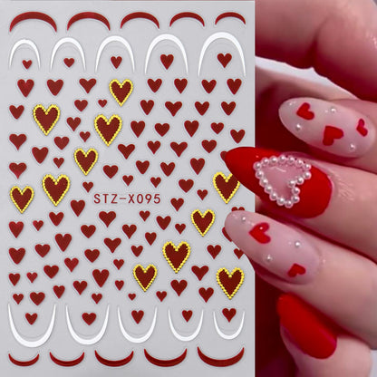 Example of French line and heart nail stickers on fingertips