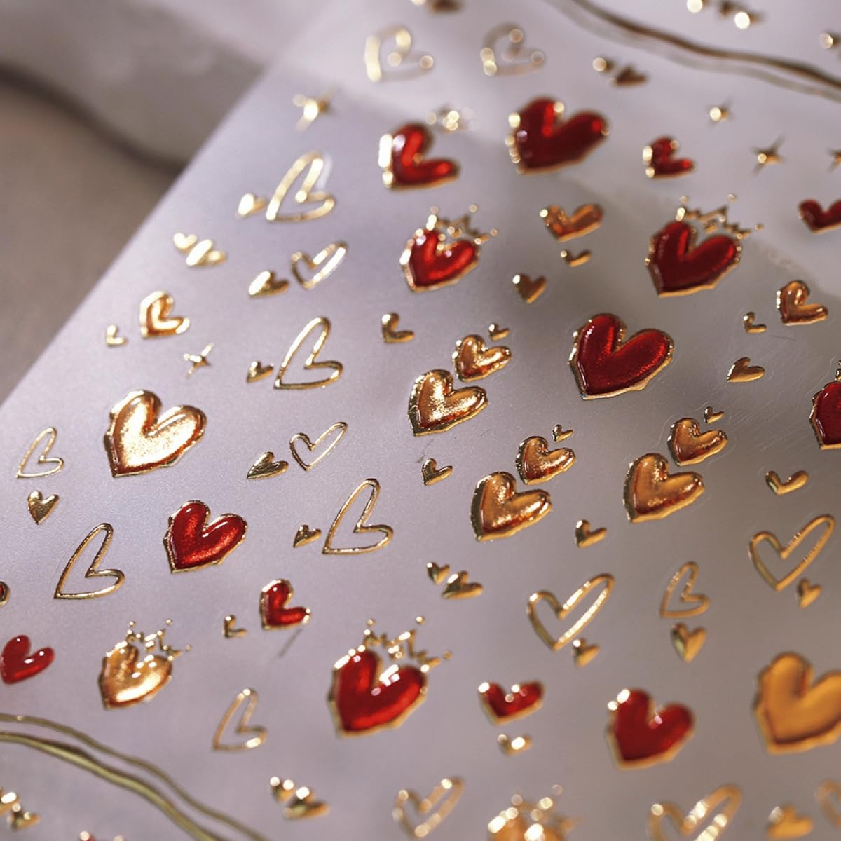 Red and gold heart nail art decals sheet