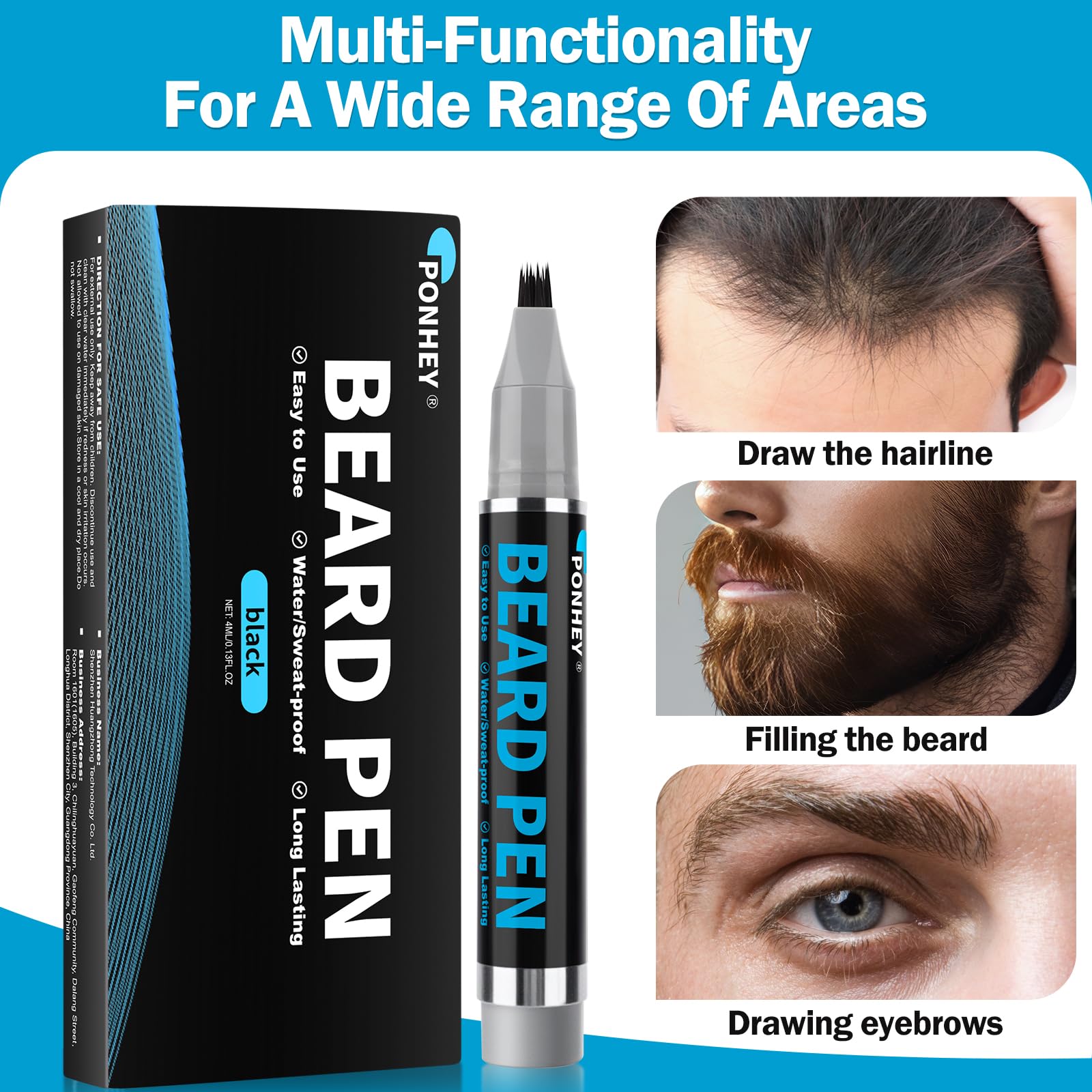 Before and after comparison of a patchy beard filled with the black pencil filler