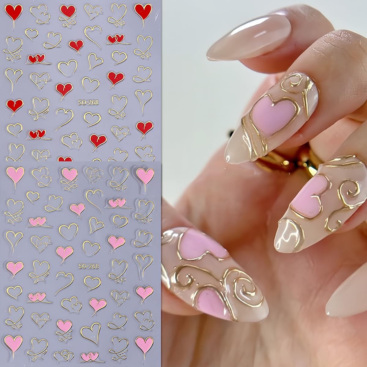Detailed view of assorted heart sizes in the 6 sheet nail decal set