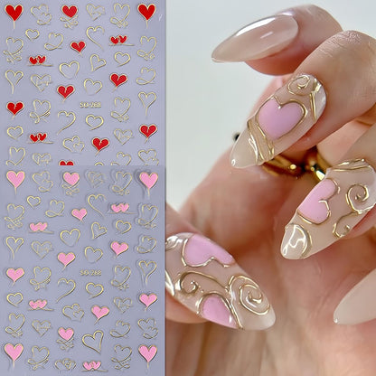 Detailed view of assorted heart sizes in the 6 sheet nail decal set