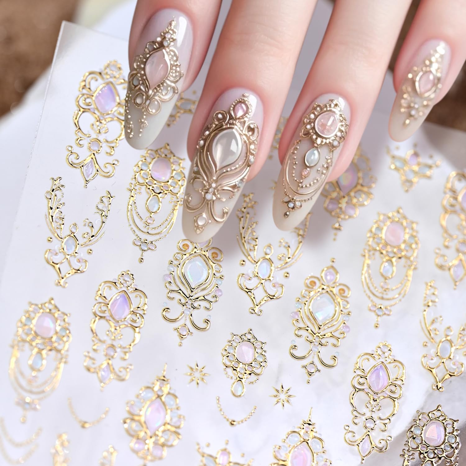 Hpyfoi 5D embossed nail stickers on model hand for size reference
