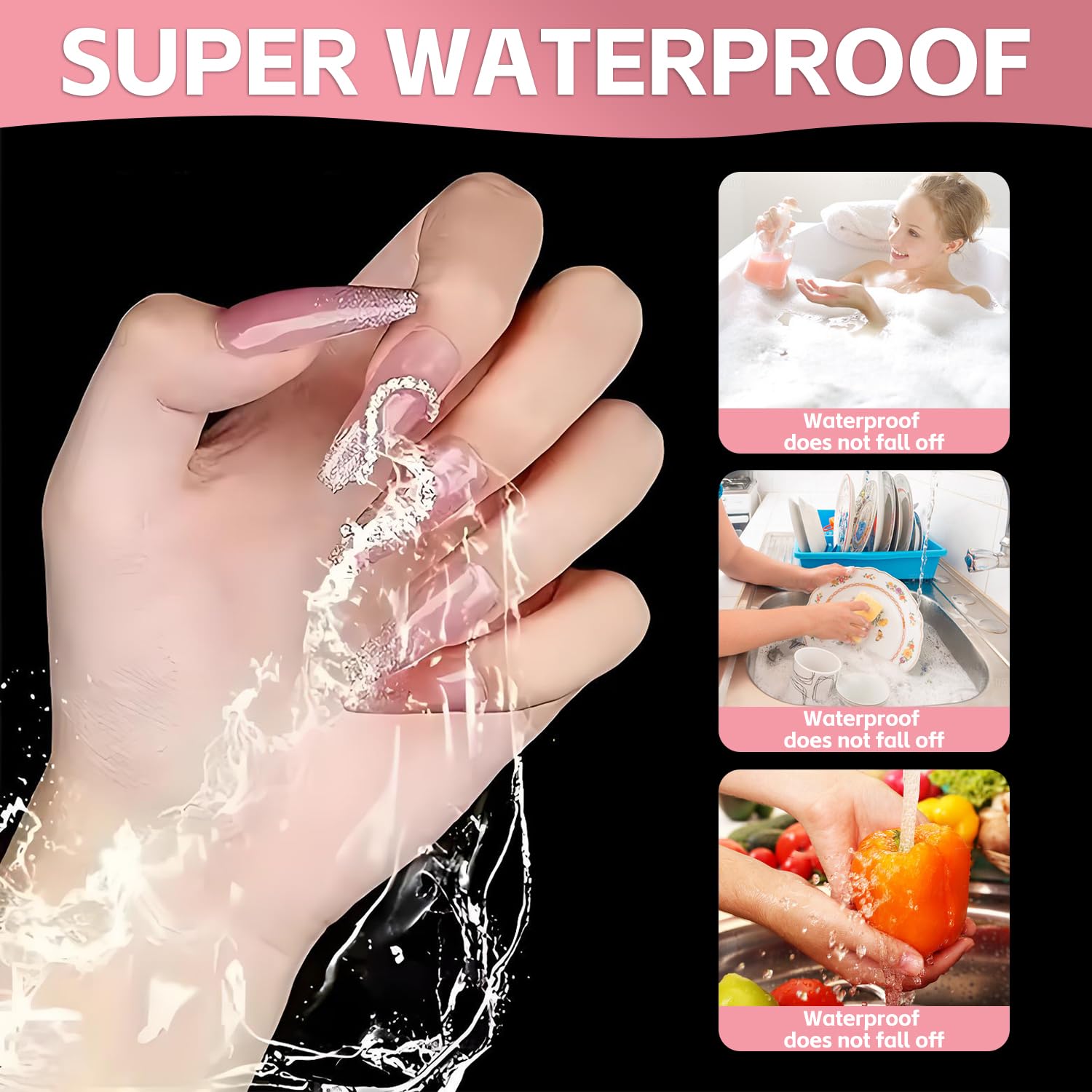 Close up of waterproof adhesive tabs applied to natural nails