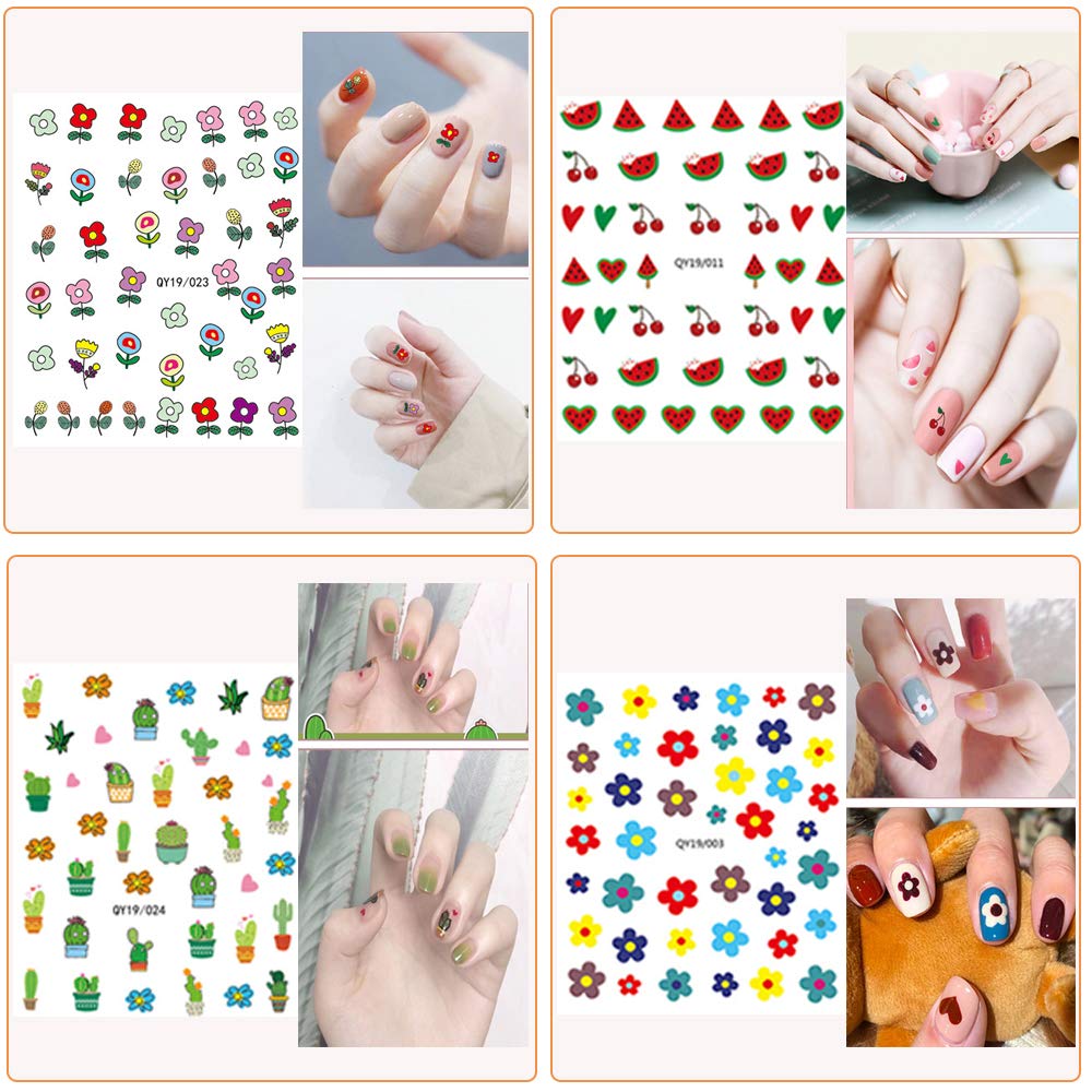 Girl applying 3D floral nail stickers on fingernails
