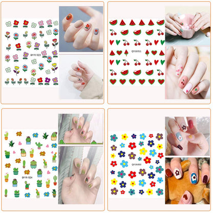 Girl applying 3D floral nail stickers on fingernails