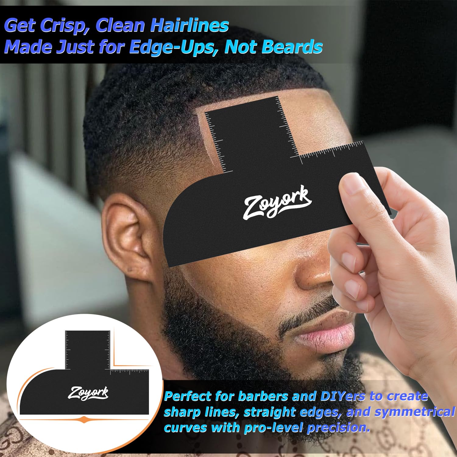 Zoyork haircut template tool being aligned on forehead for a clean lineup