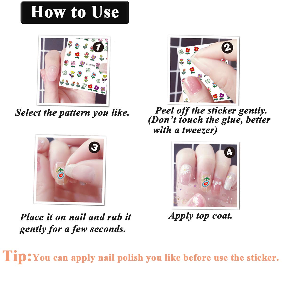 Lifestyle presentation of finished manicure using nail stickers