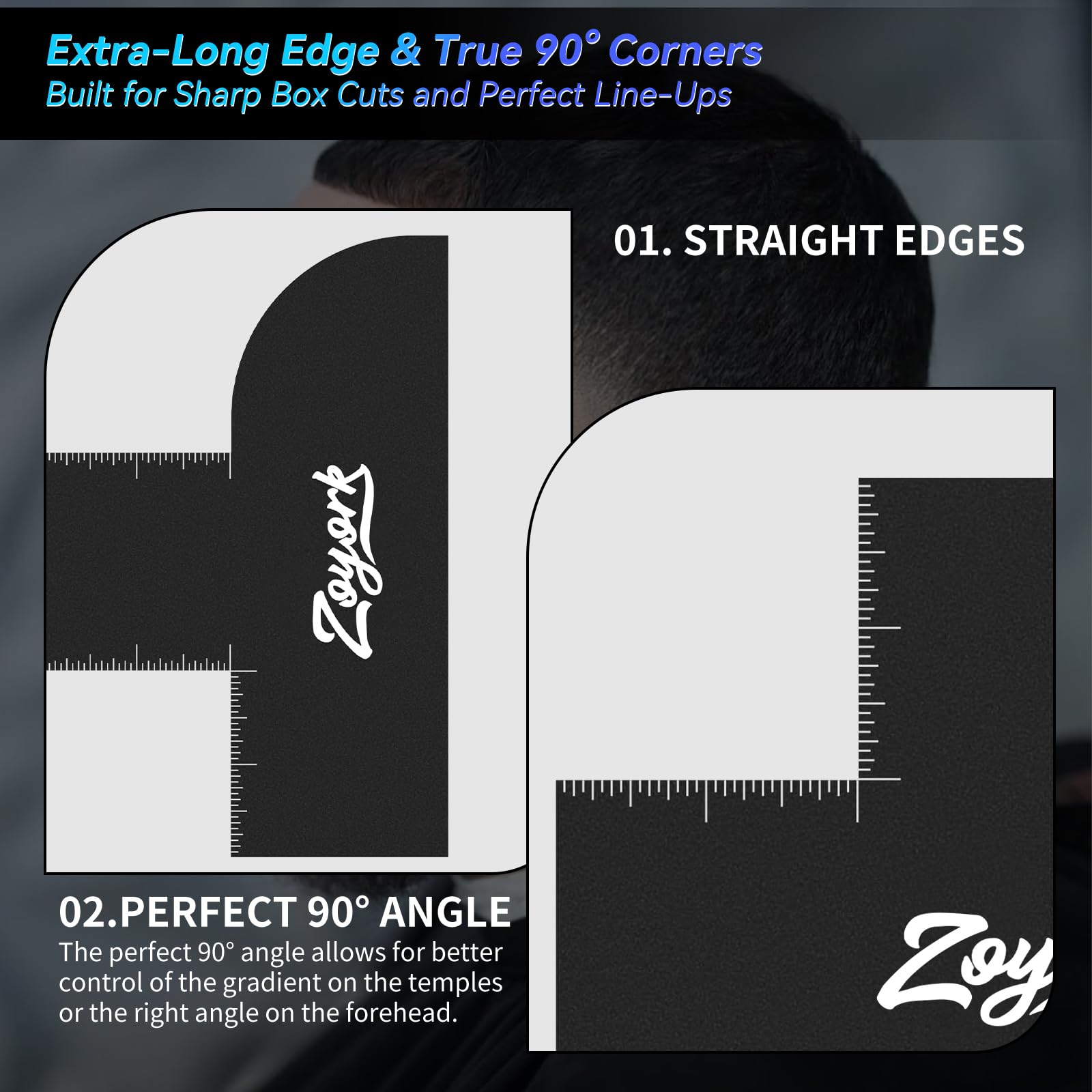Black flexible plastic barber stencil with extra measurement guide lines close up