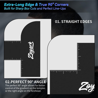 Black flexible plastic barber stencil with extra measurement guide lines close up