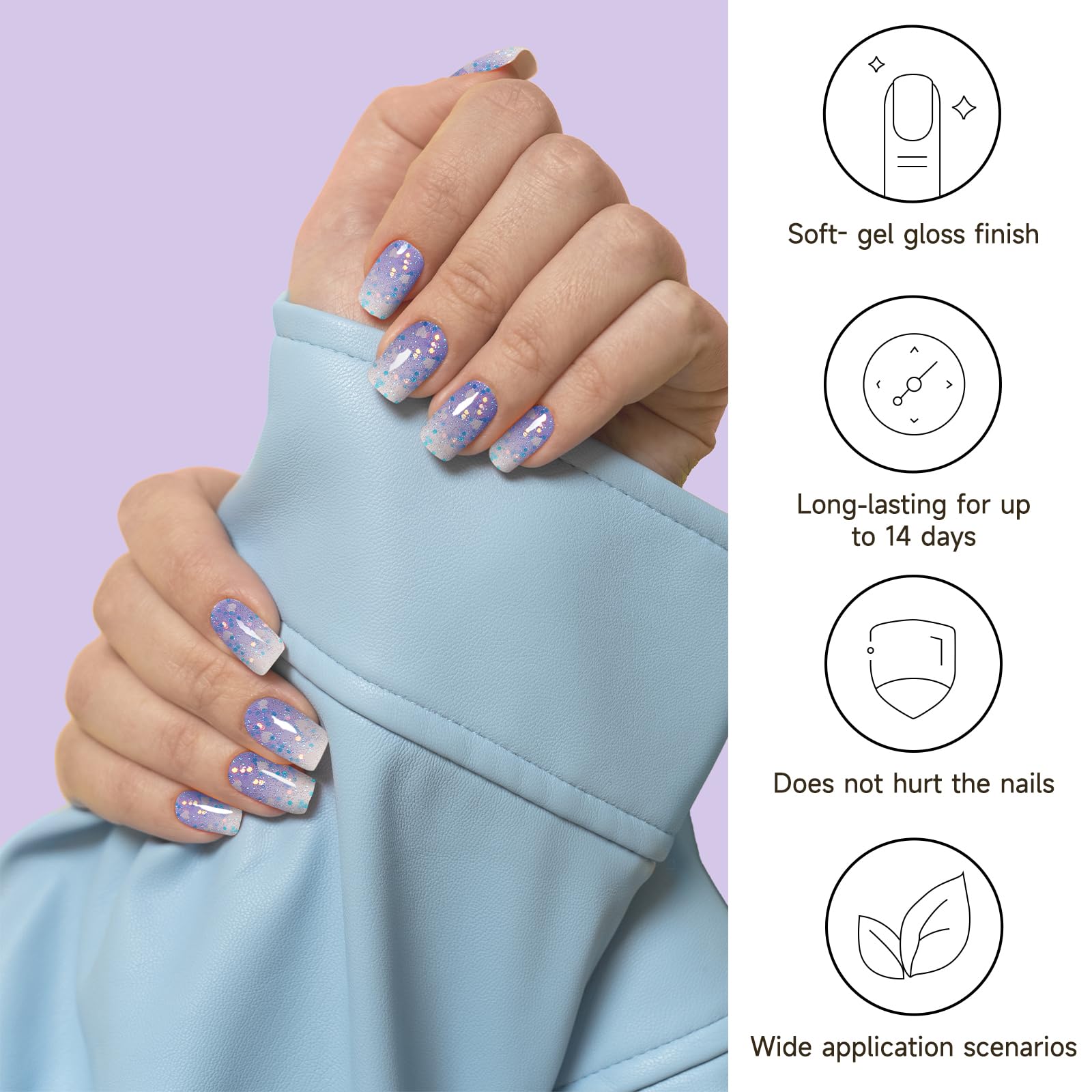 Close up of purple lavender gradient gel nail sticker design