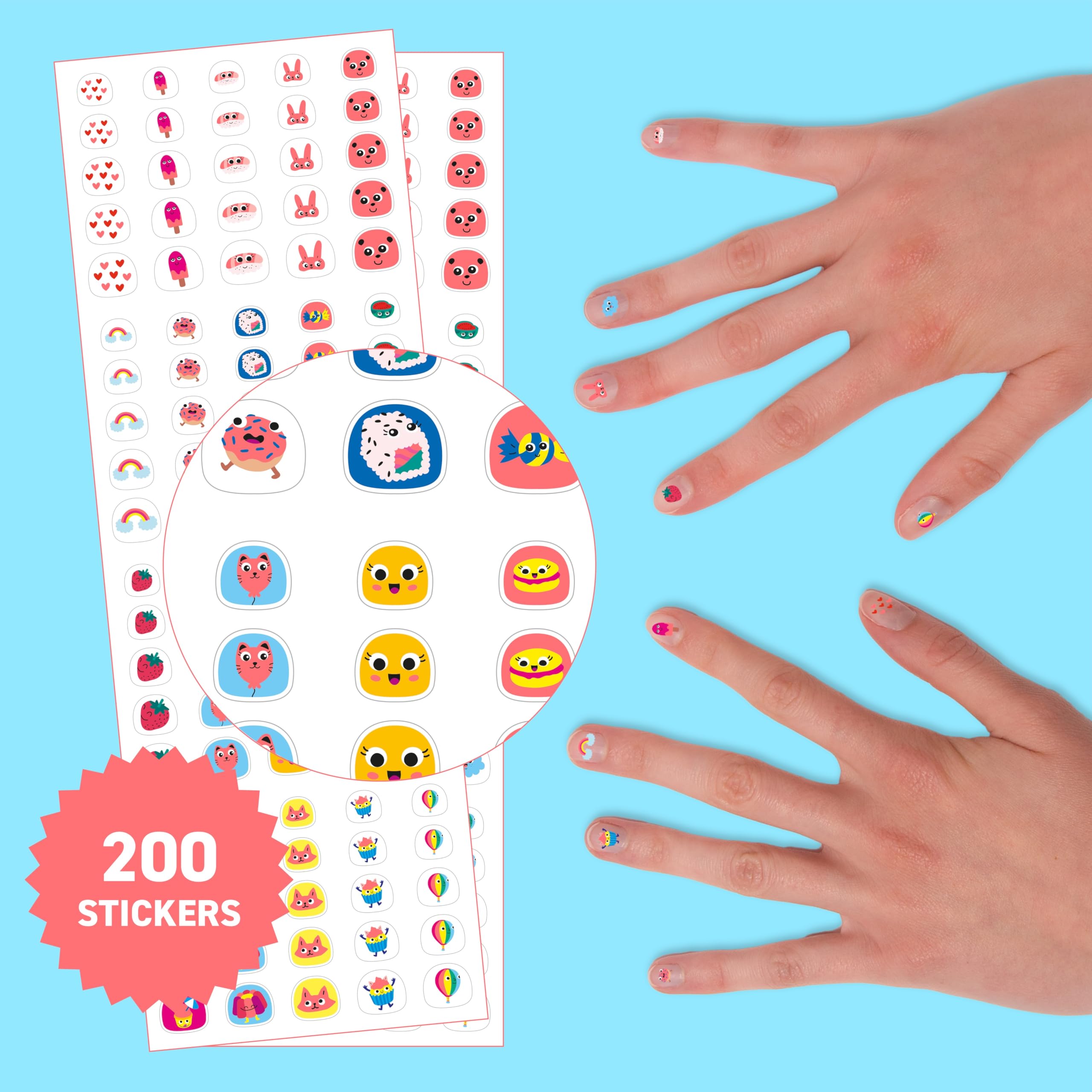 Close up of 200 cute assorted kid-friendly nail sticker designs