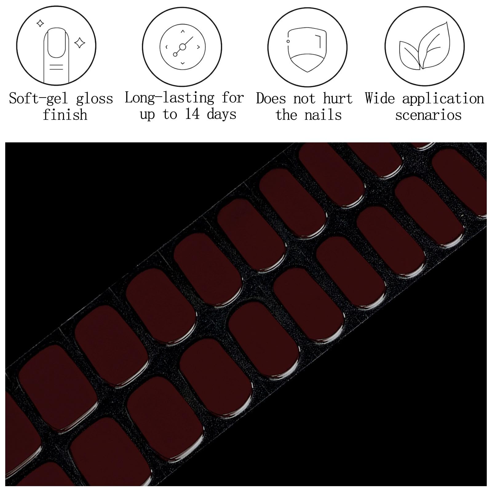 Top view of 20 piece burgundy gel nail strip packaging