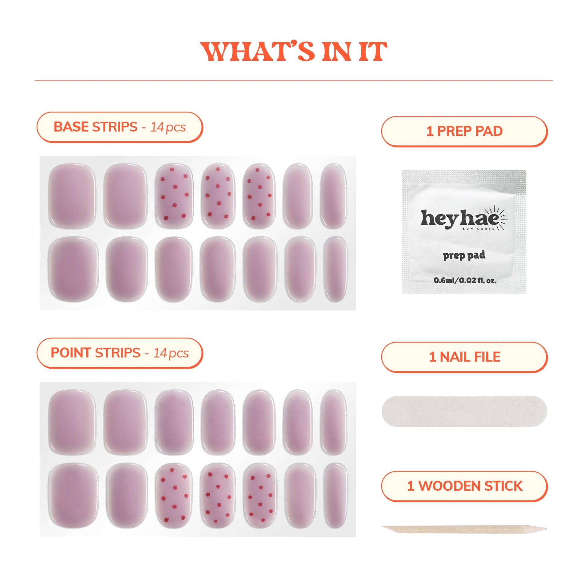 Contents of Heyhae nail kit including strips file and wooden stick