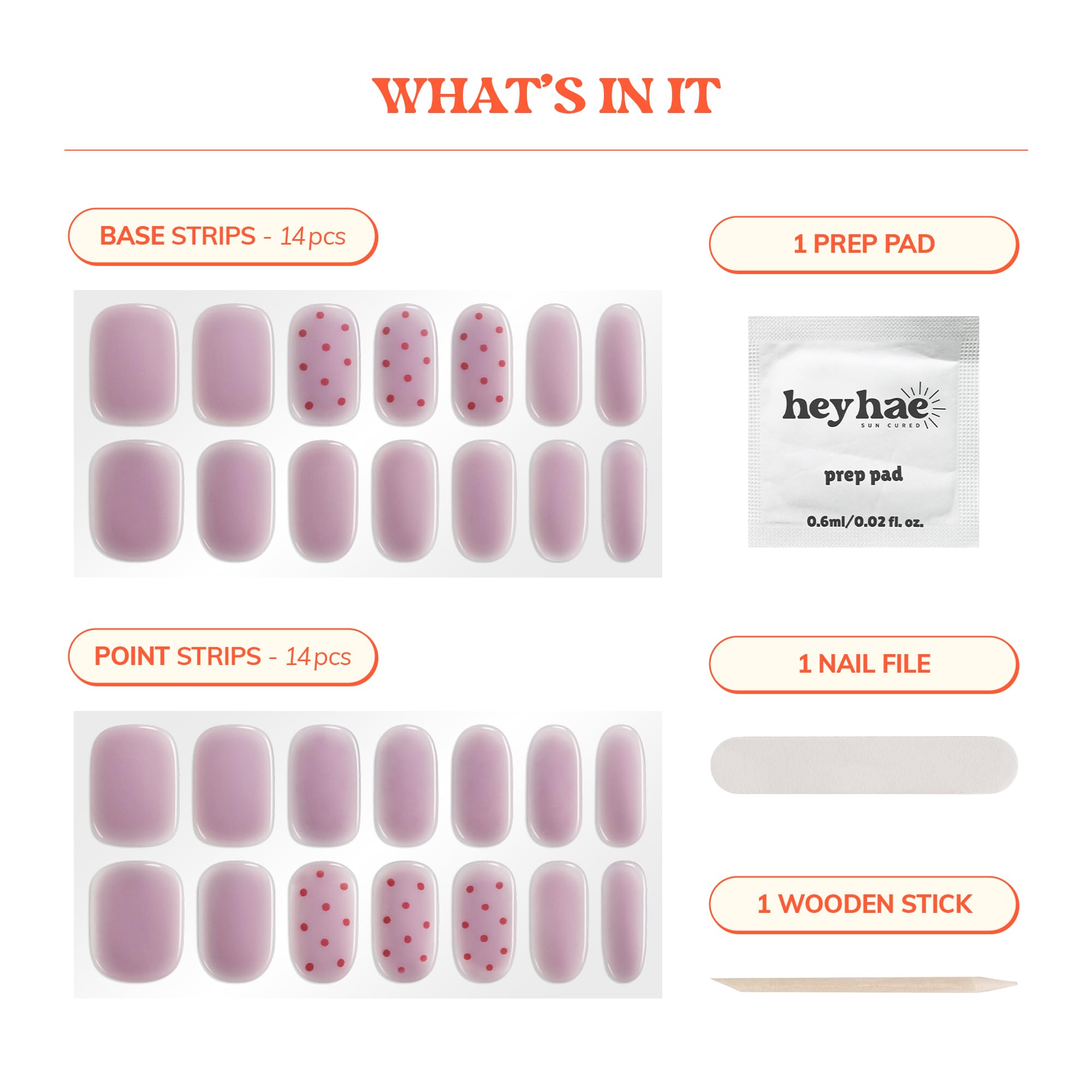 Contents of Heyhae nail kit including strips file and wooden stick