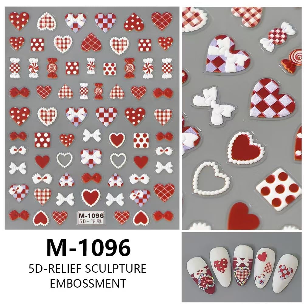 Close up of red and white heart nail art decals